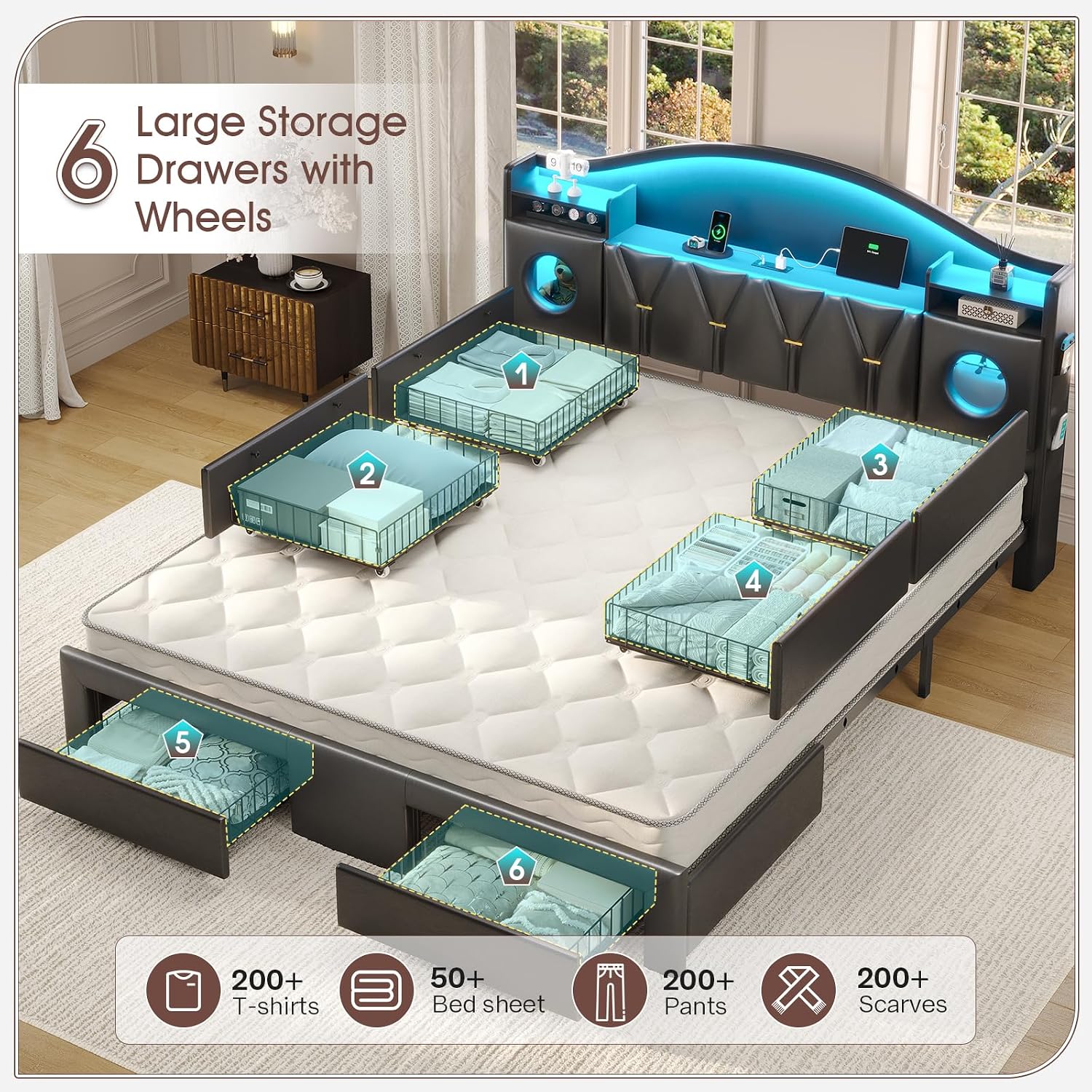 California King Bed Frame with 6 Storage Drawers, Platform Cal King Bed Frame with Headboard, LED Lights&Charging Station, Noise-Free, No Box Spring Needed, Easy Assembly, PU Black