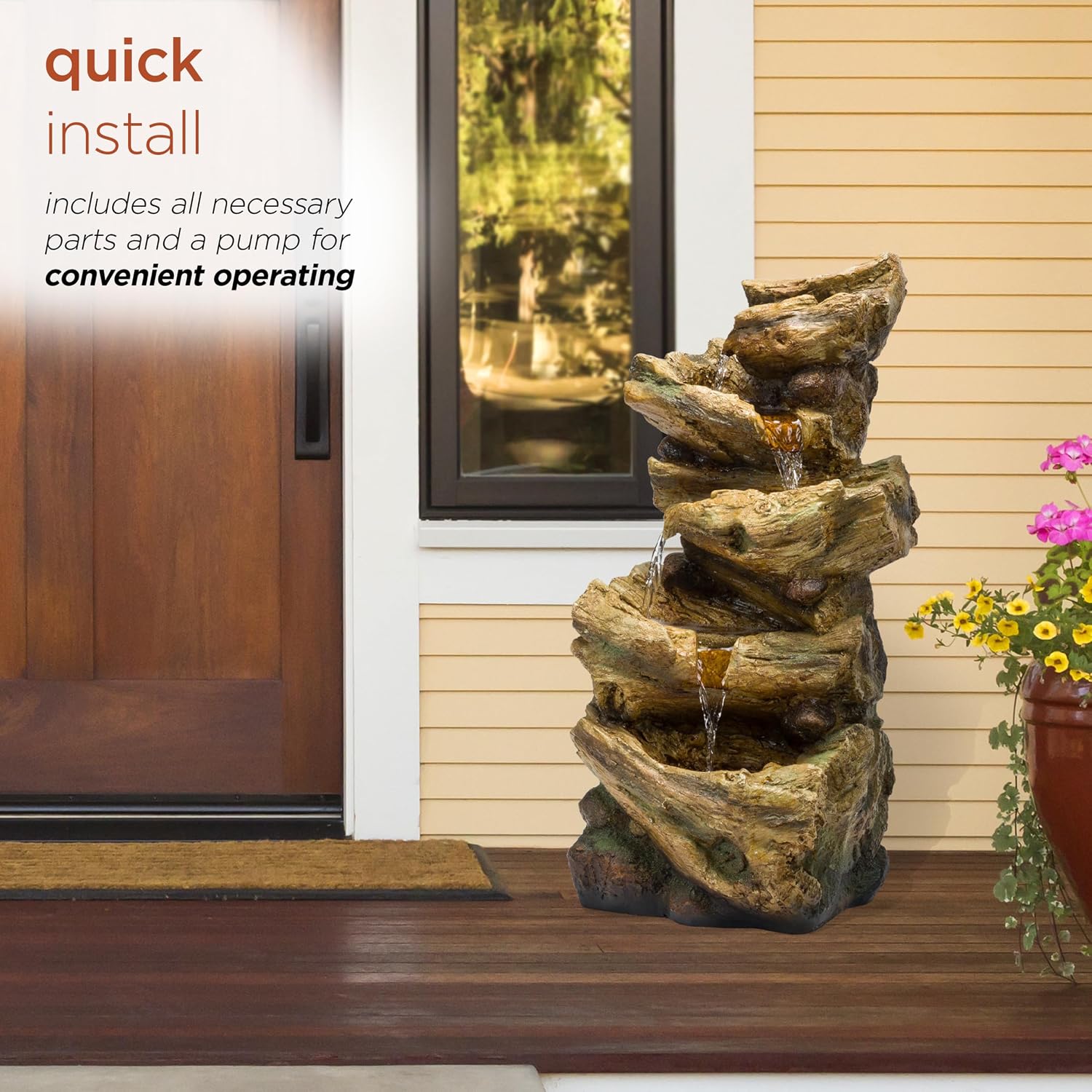 Alpine Corporation TZL226 Outdoor 4 Tier Log Tree Trunk Waterfall Floor Fountain with LED Lights, Tiered Garden Décor, 24' H, Brown