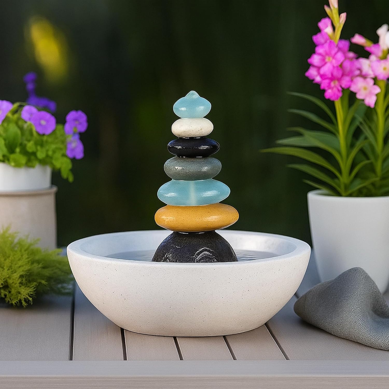 Natural Septuple Rock Cairn Water Fountain with Glass - Indoor Tabletop Water Fountain - Natural Stone & Recycled Glass Water Feature for Home and Office Decor