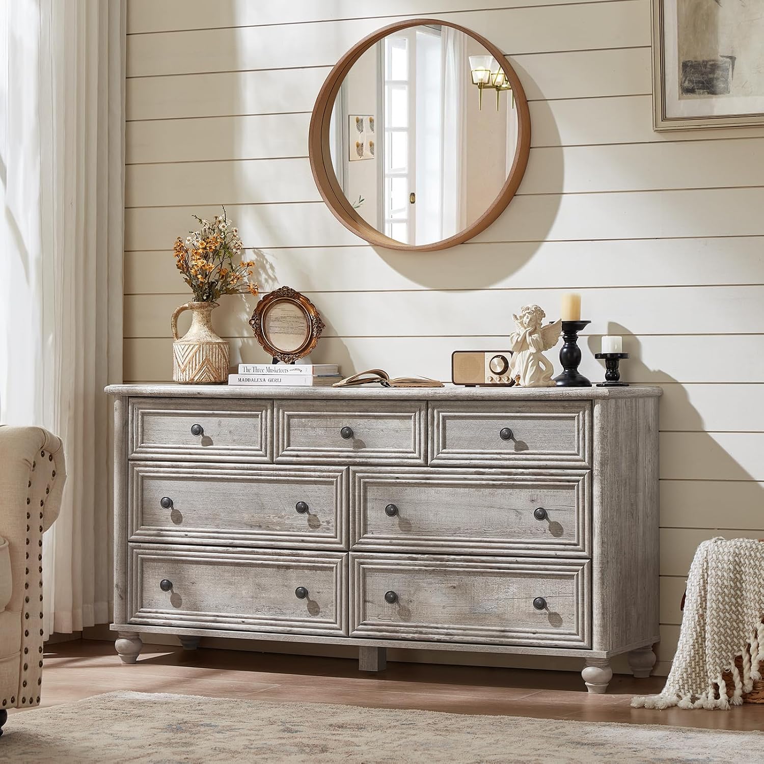Farmhouse Dressers & Night Stand Set of 3, Wood 54' Wide 7 Drawer Dresser & 35.5'Tall Chest of Drawers, 18' with Charging Station Nightstand, Bedroom Furniture Dresser Set for Home Living Room Hallway