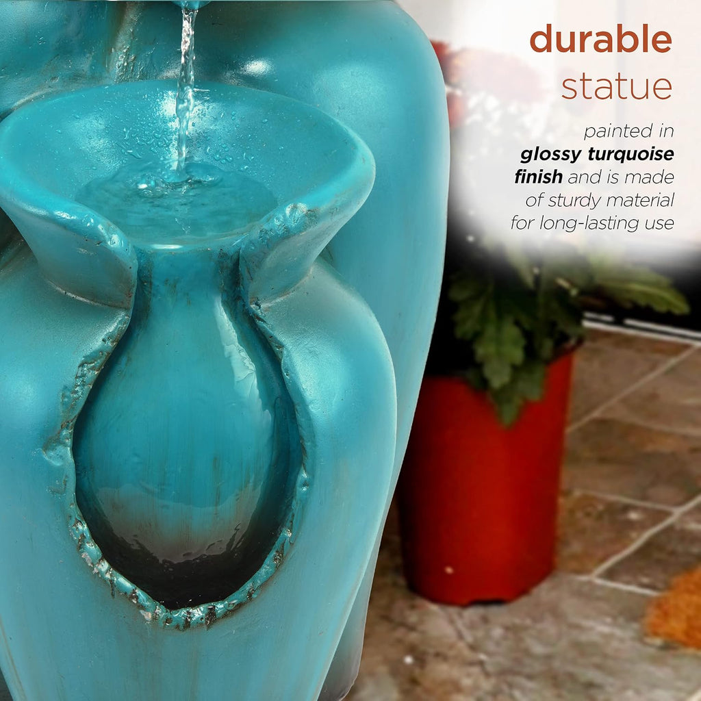 Alpine Corporation DIG246TUR 21' Outdoor 3-Tiered Pots Water Fountain – Cascading Ceramic Water Feature with Built-In Pump for Gardens, Patios, Yards, and Outdoor Décor, Turquoise