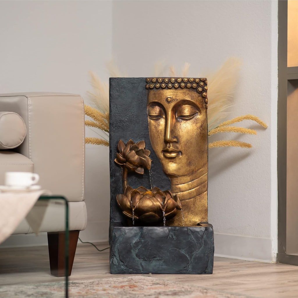 XBrand 30' Indoor/Outdoor Buddha Face Water Fountain with LED Light and Pump Zen Decor for Home, Office, Garden, and Patio