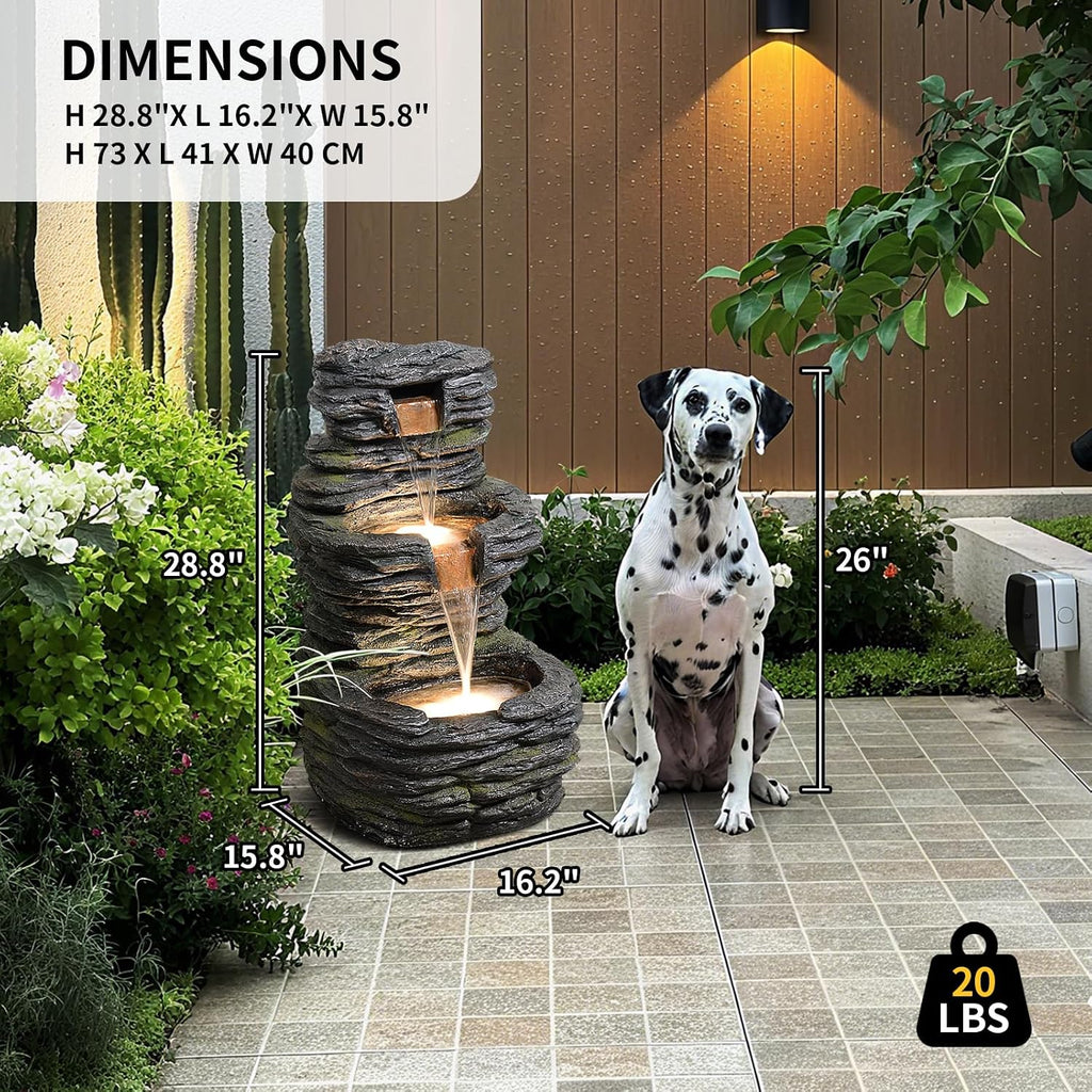 3 Tier Cascading Rock Water Fountain Outdoor Garden,28.74' H Natural Look Outdoor Fountains and Waterfalls with LED Lights for Patio, Deck, Porch, Backyard, Outside and Indoor Home Decor