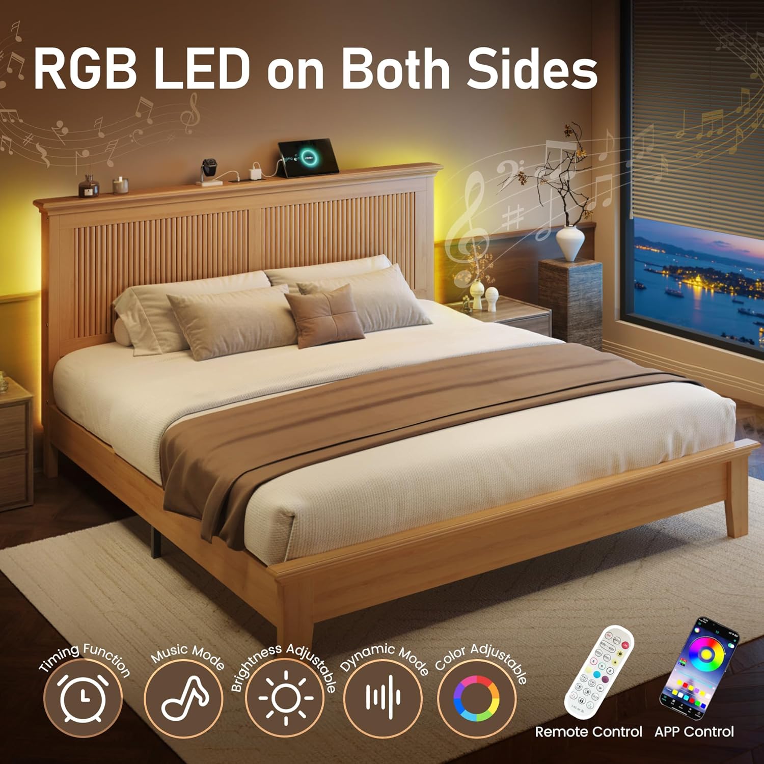 Lifezone Wood Queen Bed, Solid Wood Bed with Tall Headboard, American Vintage Design, Queen Bed with Charging Station & RGB LED, Wood Slats Support,Noise-Free,Sturdy Structure,Easy Assembly, Natural