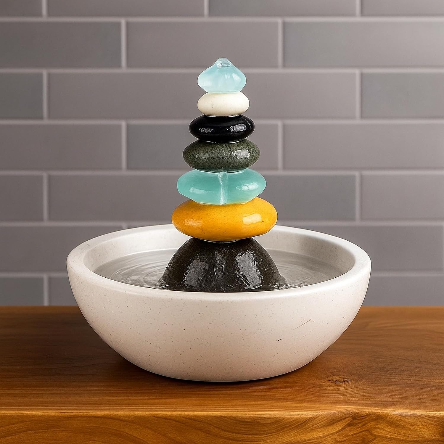 Natural Septuple Rock Cairn Water Fountain with Glass - Indoor Tabletop Water Fountain - Natural Stone & Recycled Glass Water Feature for Home and Office Decor
