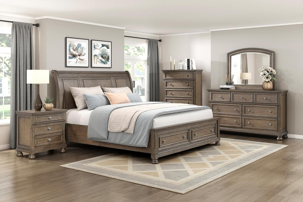 Traditional 6pc Bedroom Set Queen Size Platform Storage Bed Sleigh Headboard Classic Antique Brown Finish Furniture