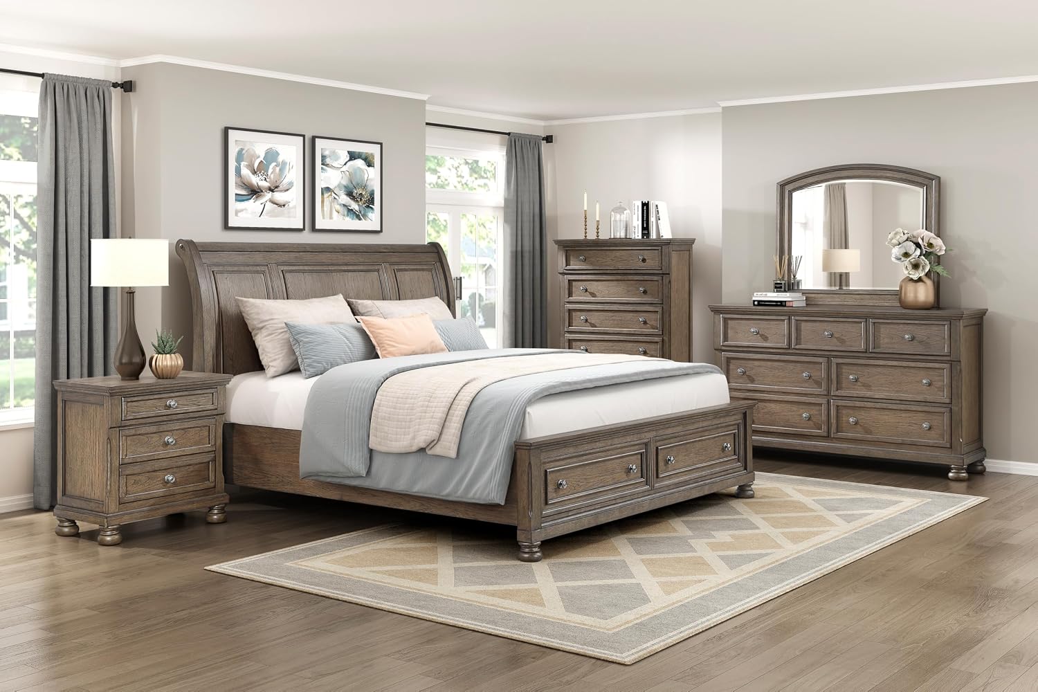 Traditional 6pc Bedroom Set Queen Size Platform Storage Bed Sleigh Headboard Classic Antique Brown Finish Furniture