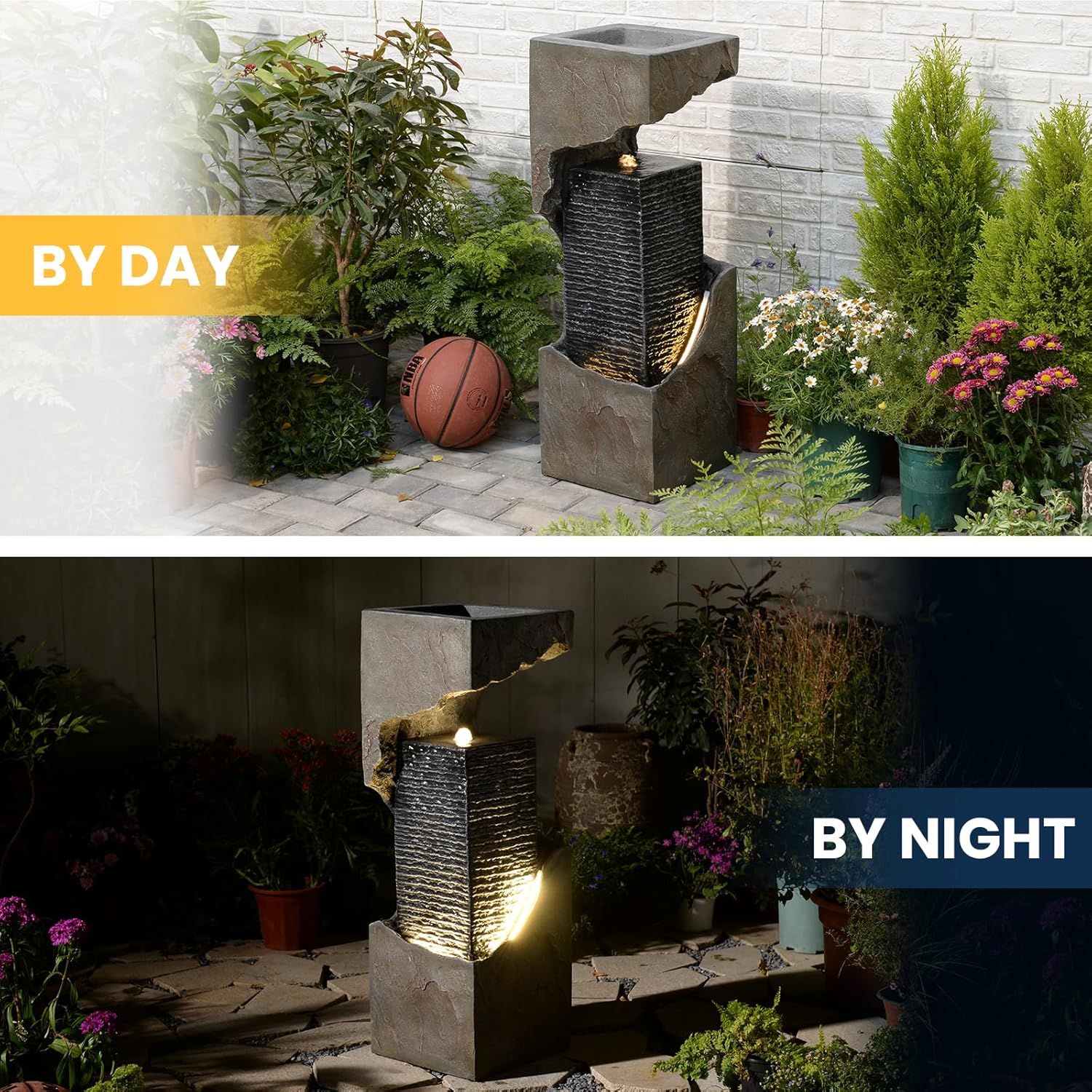 35.4' H Water Fall Fountains Indoor Waterfall Fountain Outdoor with LED Lights Floor-Standing for Outside Garden, Patio, Backyard, Deck Decor, Pool, Porch, Landscaping, Balconies