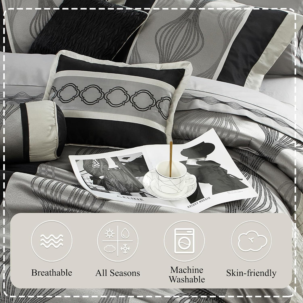 Stratford Park Elegant Black and Silver Comforter Set California King Size, Striped, 7 Pieces Bedding & Collection, Jacquard All Season Comforter & Pillows, Ultra-Soft Microfiber