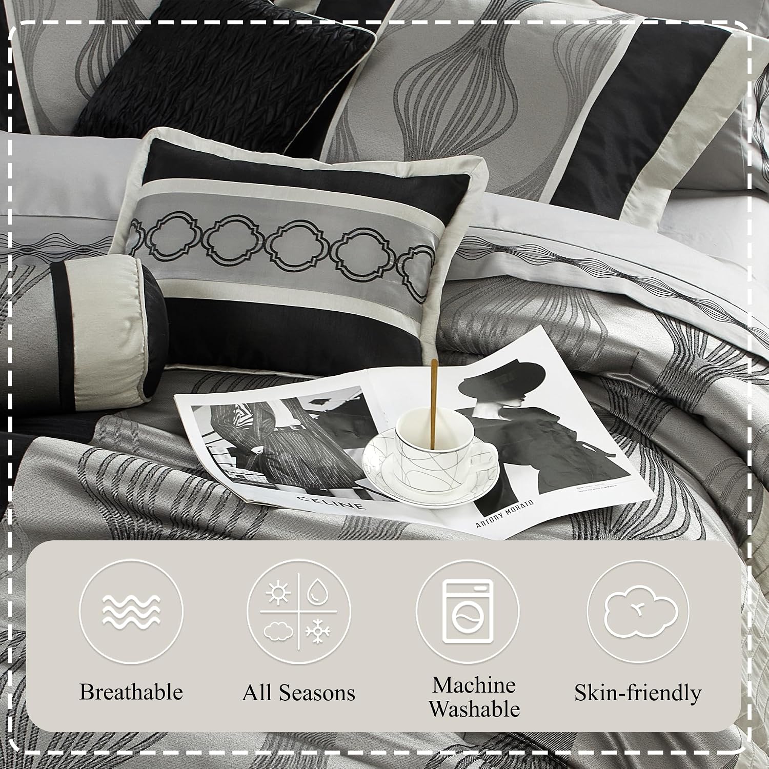 Stratford Park Elegant Black and Silver Comforter Set California King Size, Striped, 7 Pieces Bedding & Collection, Jacquard All Season Comforter & Pillows, Ultra-Soft Microfiber