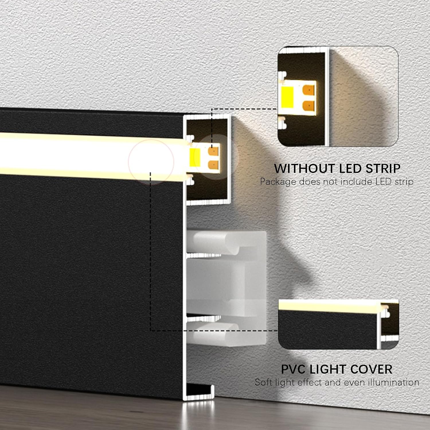 LED Aluminium Baseboard Molding Trim Height 80mm (3.15') Length 1200mm (3.94ft) Metal Wall Base Snap-on Aluminium Skirting Trim - Elevate Your Home Décor (Black, 10pcs)