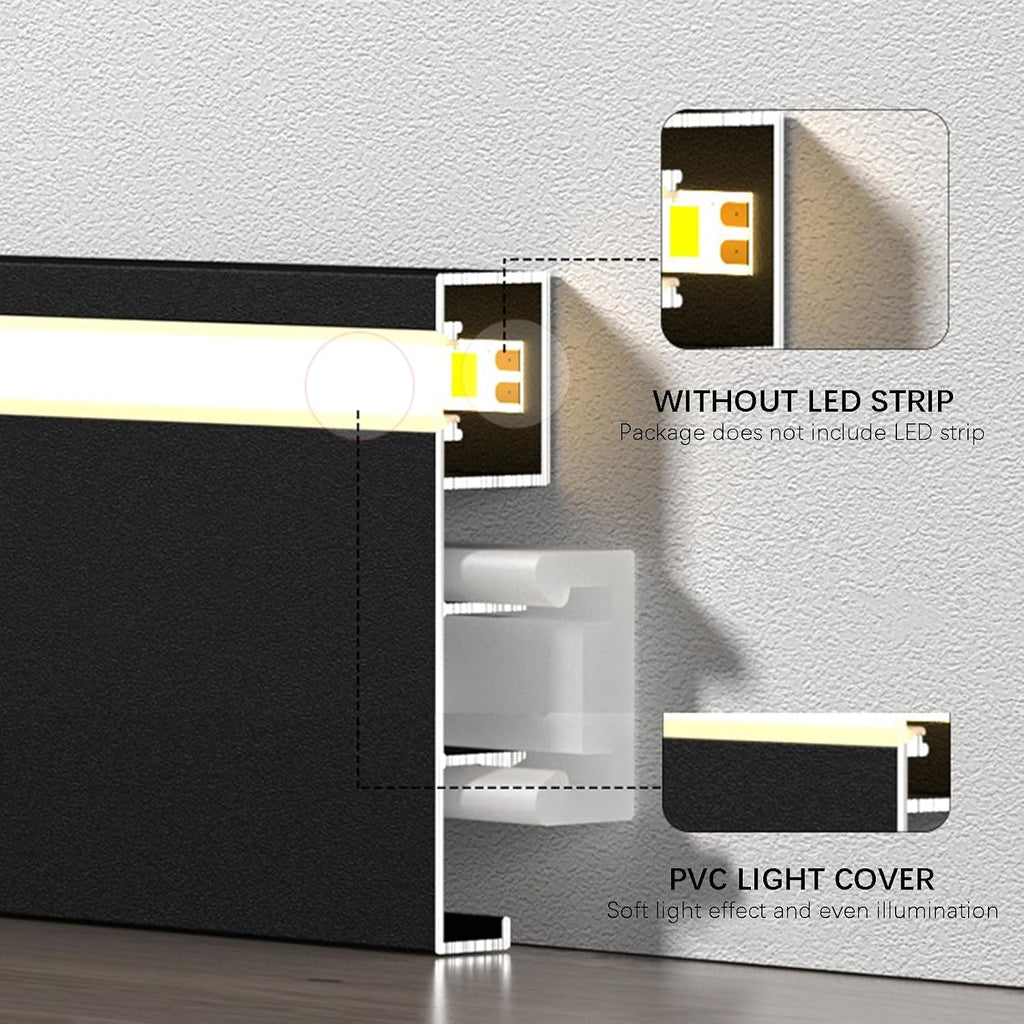 LED Aluminium Baseboard Molding Trim Height 80mm (3.15') Length 2500mm (8.2ft) Metal Wall Base Snap-on Aluminium Skirting Trim - Elevate Your Home Décor (Black, 5pcs)