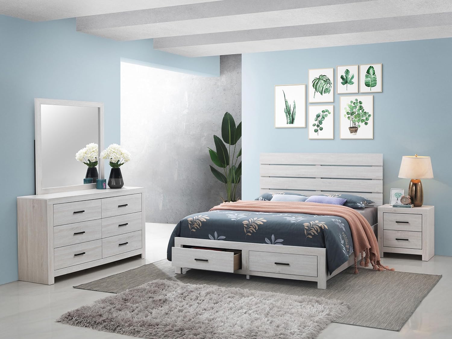 Coaster Home Furnishings Brantford Farmhouse 4-Piece Bedroom Set Eastern King Size Storage Panel Bed Frame 49-inch Headboard Coastal White 207050KE-S4