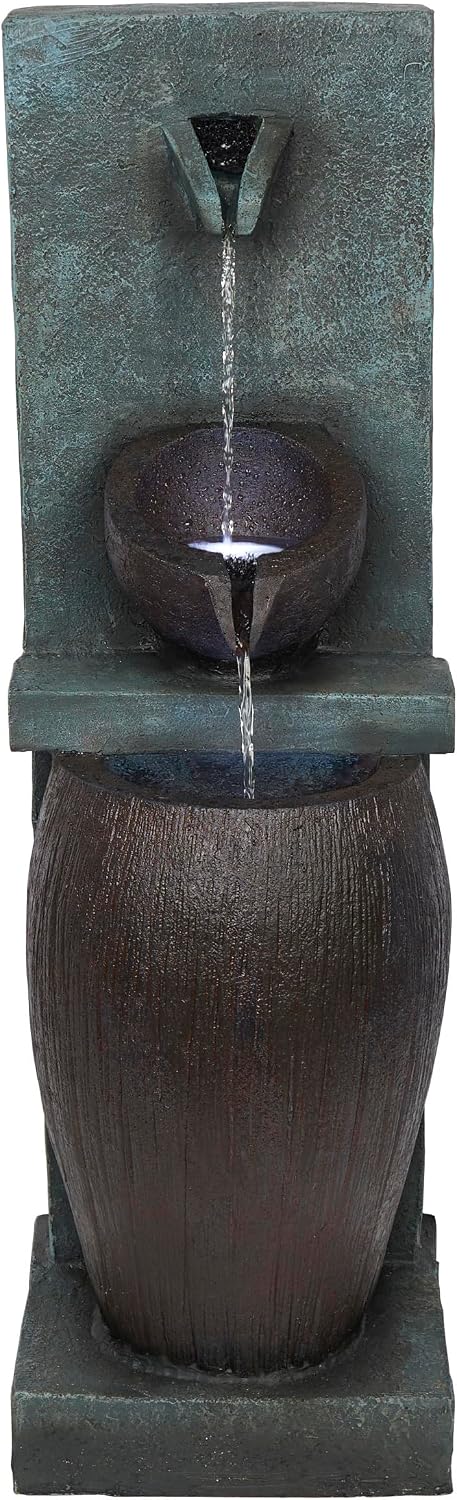 Alpine Corporation TZL388 32' 3 Tier Jar Fountain with LED Lights, Elegant Outdoor Water Feature for Garden, Patio, Backyard, Home Décor, Ceramic Water Fountain & Landscape Decorations, Gray