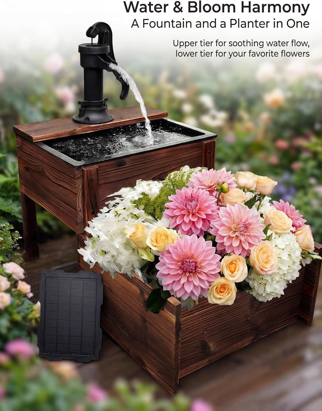 Outdoor Water Fountain, Floor Wooden Rectangular Double-Layer Old-Fashioned Hand Pump Fountain with Flower Box, Solar-Powered Electric Decorative Water Feature for Garden Patio Backyard