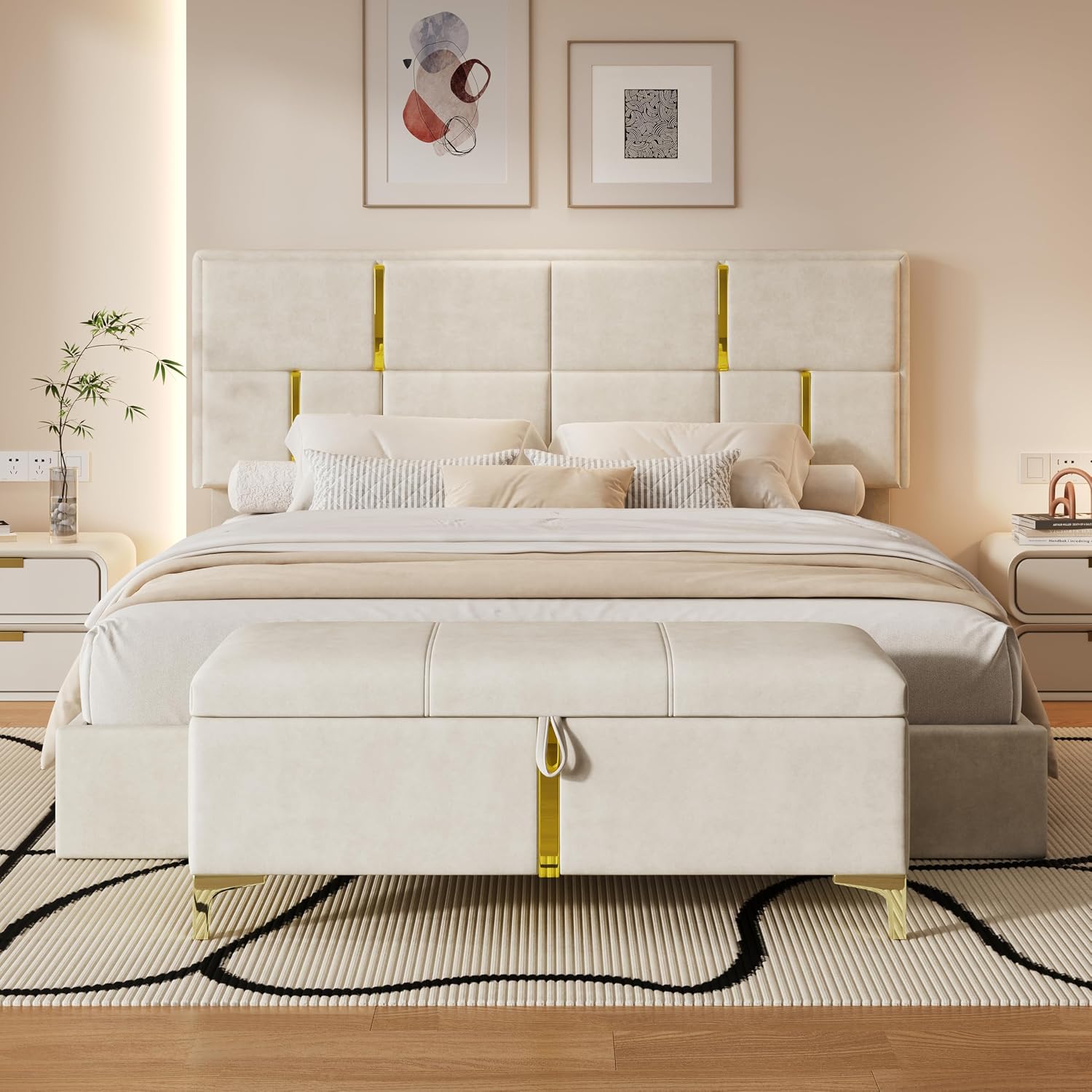 JIVOIT Elegant Design 2-Pieces Bedroom Sets, Queen Size Upholstered Platform Bed with Hydraulic Storage System, Upholstered Storage Ottoman with Metal Legs, Space Saving Design (Beige,Sets,5)