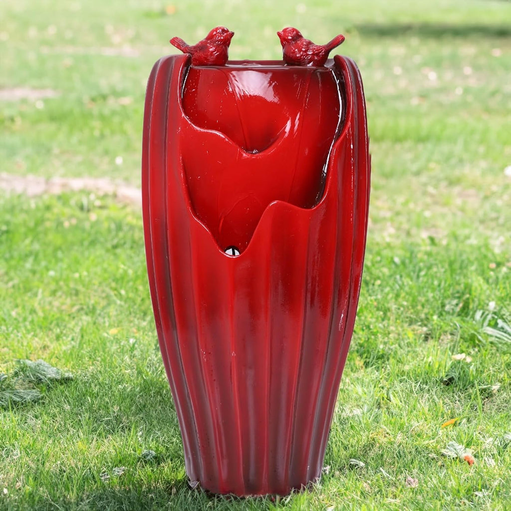 Ferrisland Red Fountain with LED Lights, 20' H Resin Vase Outdoor Freestanding Fountain with Adjustable Water Pump, Outside Garden & Backyard Decking Décor