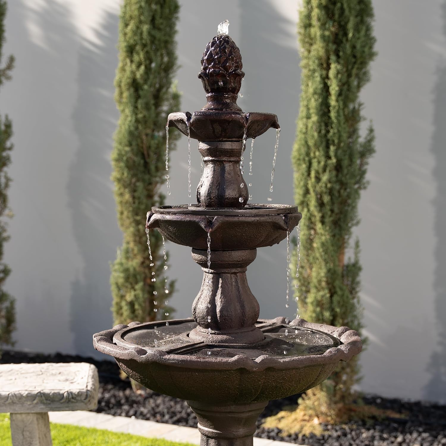 XBrand 3-Tier Freestanding Waterfall Fountain w/Pump & Pineapple Top, 51 Inch Tall, Brown, Large Outdoor Garden Fountain, Ideal for Garden, Porch, and Lawn