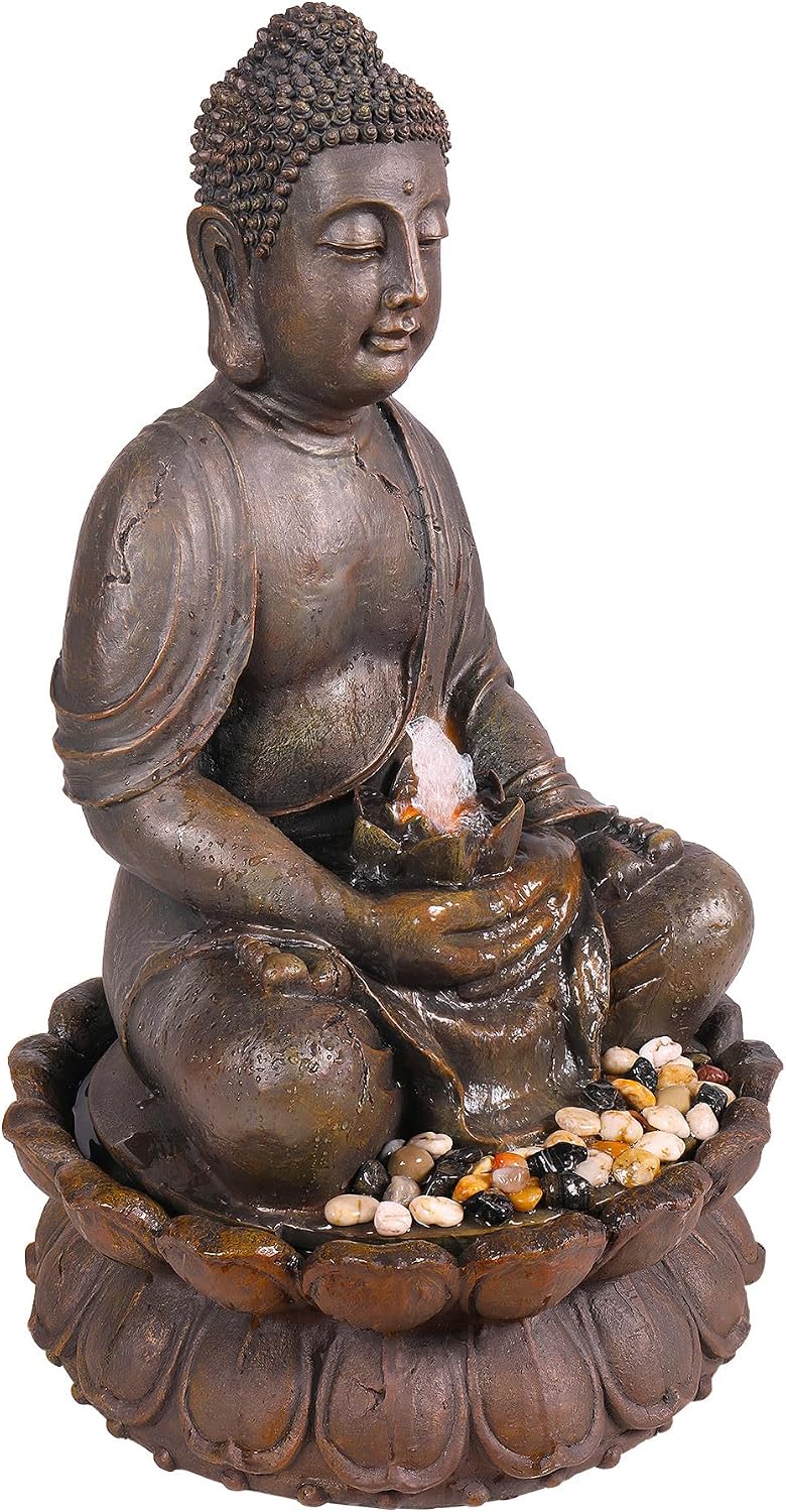 Alpine Corporation GEM122 Outdoor Floor Meditating Soothing Buddha Statue Waterfall Fountain for Garden, 33', Bronze