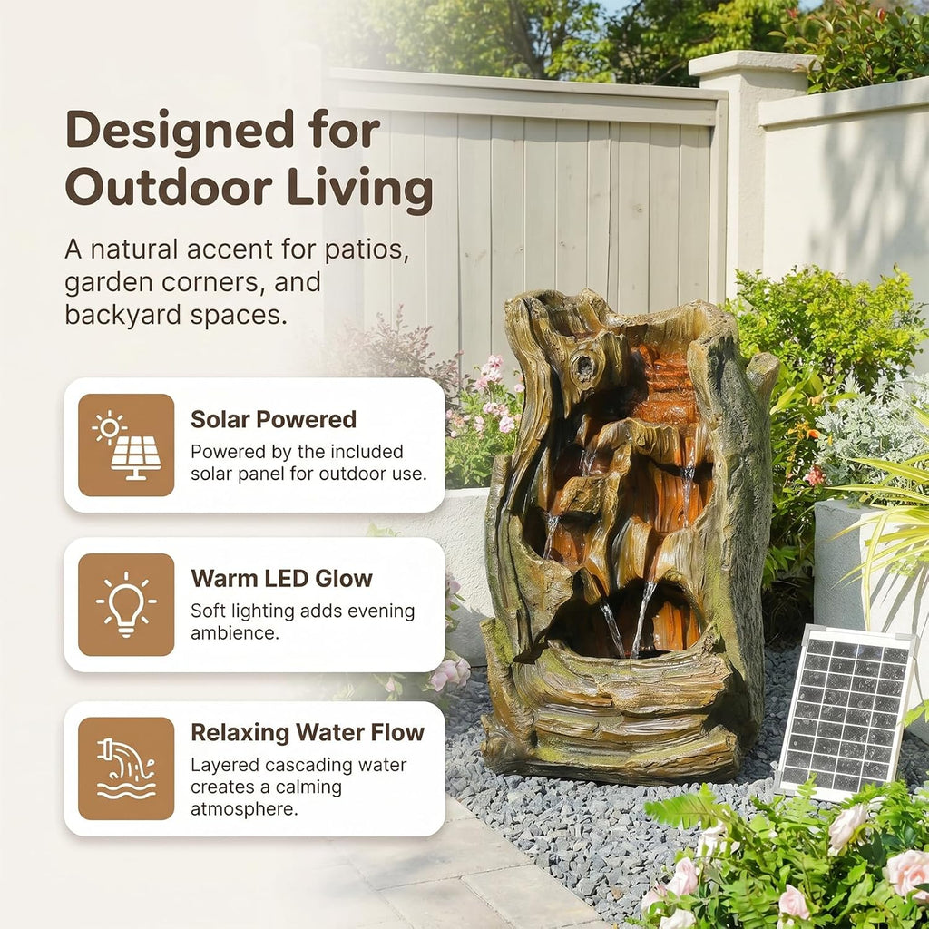 Bumilgar Solar Outdoor Water Fountain, 24.4' Tall Tree Stump Cascading Fountain with Solar Powered Pump, Realistic Wood Grain Resin Water Feature for Garden, Patio, Backyard and Yard Decor