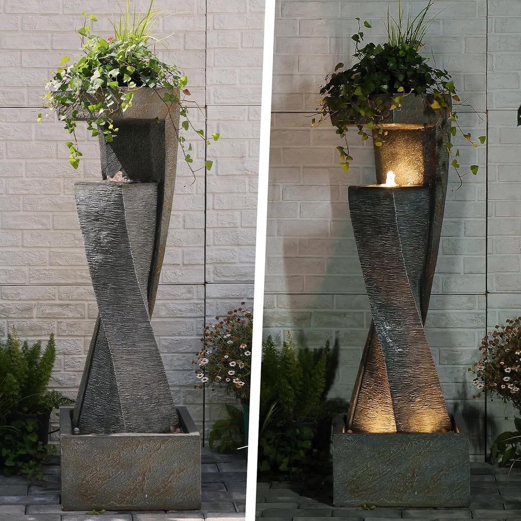 47.2' H Garden Fountains Outdoor Modern Water Fountain Indoor Floor Standing Large Waterfall with LED Lights and Pump for Patio Decor, Yard Decorations