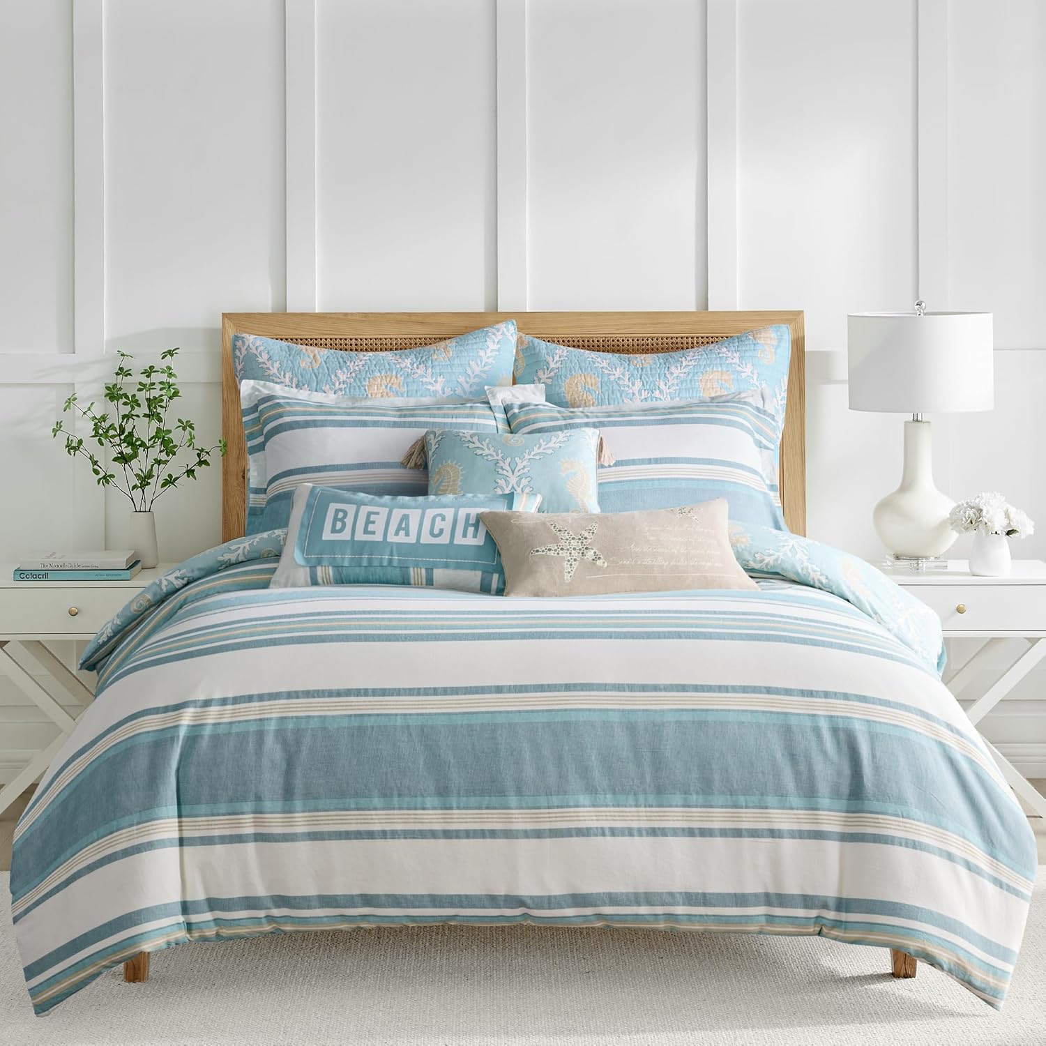 Levtex Home - Kailua Duvet Set - King Duvet Cover (106x94in.) + Two King Pillow Cases (36x20in.) - Stripe - Blue Teal Taupe Cream - Cotton