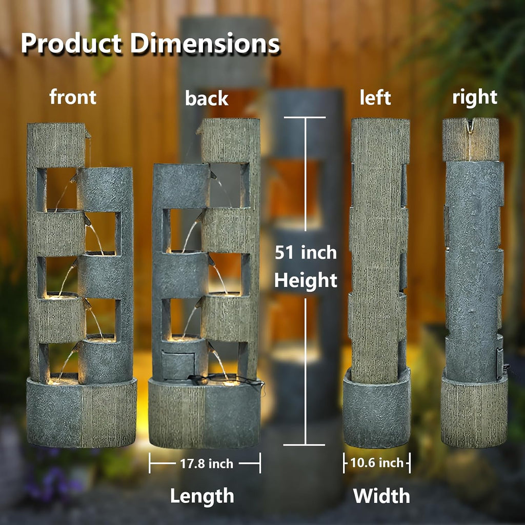 Sunlinua 51' Outdoor Water Fountain Uneven Cylinders Waterfalls Fountain Floor Standing Water Fountains with LED Lights, Pump, Natural Stones for Garden, Living Room, Patio