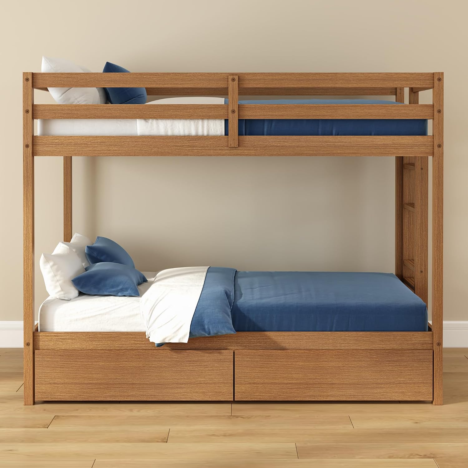 Grain & Grove Bear Twin Over Twin Bunk Bed with Storage Drawers, Sturdy Bunk Bed Frame for Kids, Plywood Bunk with Ladder, Guardrail, and Slats, No Box Spring Required, Oak Embossed Pecan