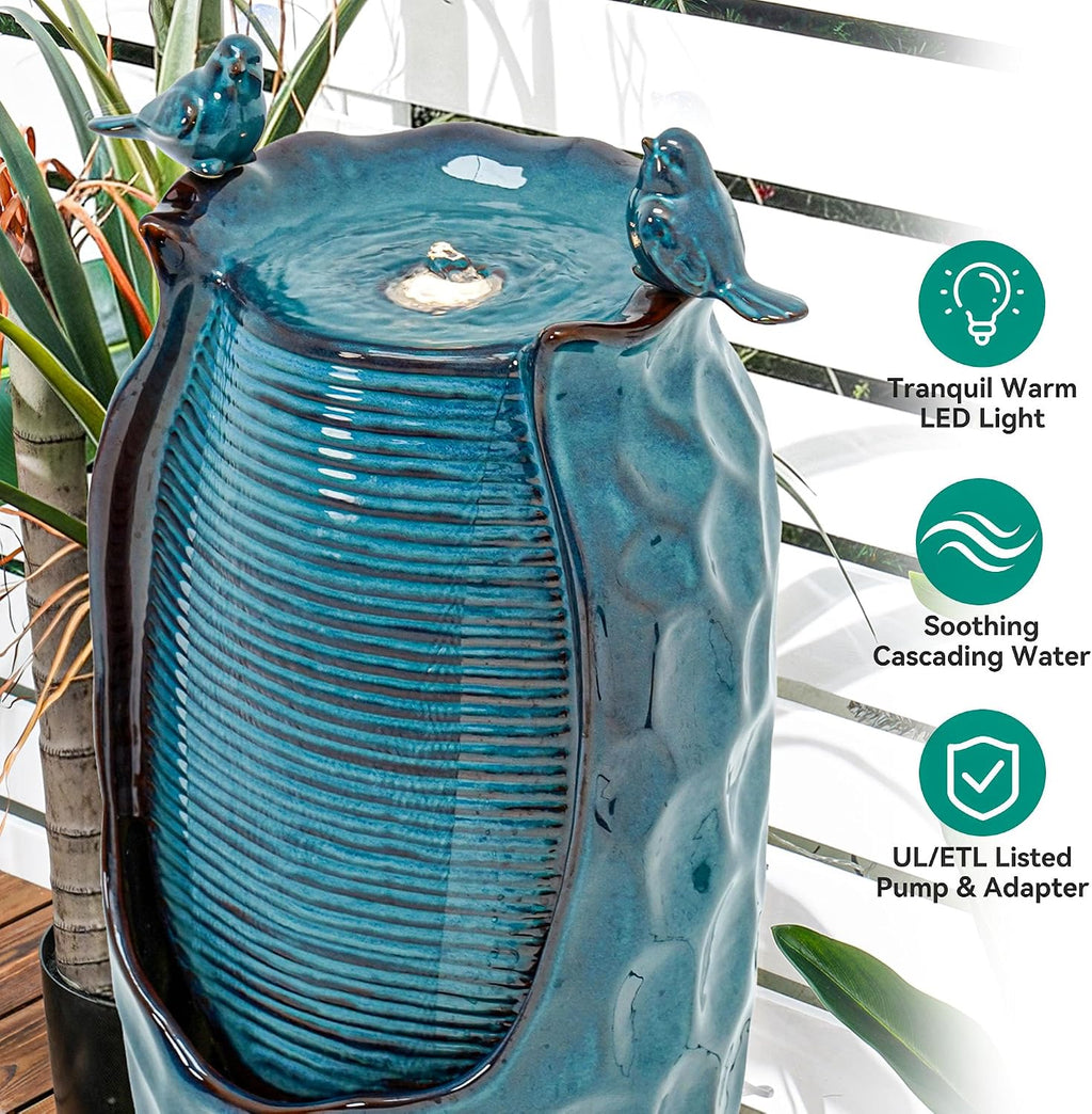 32.5' H Ceramic Jar Outdoor Fountain, Honeycomb Pot Water Feature with LED Lights, Soothing Trickling Waterfall for Garden, Patio, Yard, Balcony Oasis, KD Vivid Birds, Turquoise Glaze