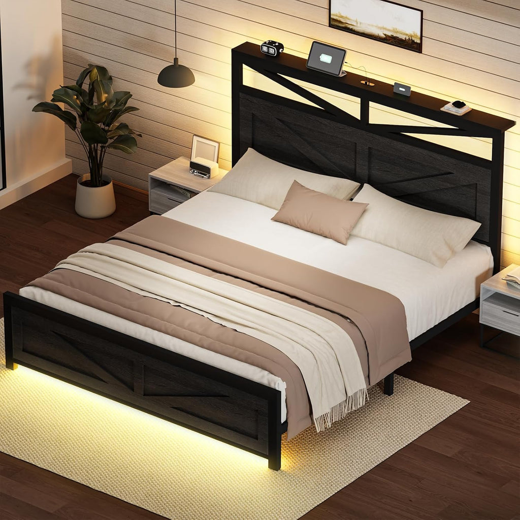 Rustic Queen Bed Frame with Barn Door Headboard and Storage, Farmhouse LED Bed Frame Queen Size with Charging Station, Industrial Bed Frames Metal Slats Support, No Box Spring Needed, Black