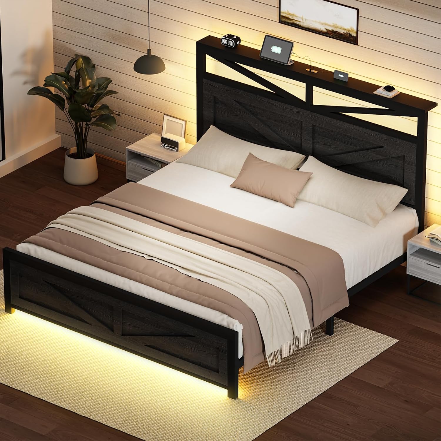 Rustic Full Size Bed Frame with Barn Door Headboard and Storage, Farmhouse LED Bed Frame Full with Charging Station, Industrial Bed Frames Metal Slats Support, No Box Spring Needed, Black