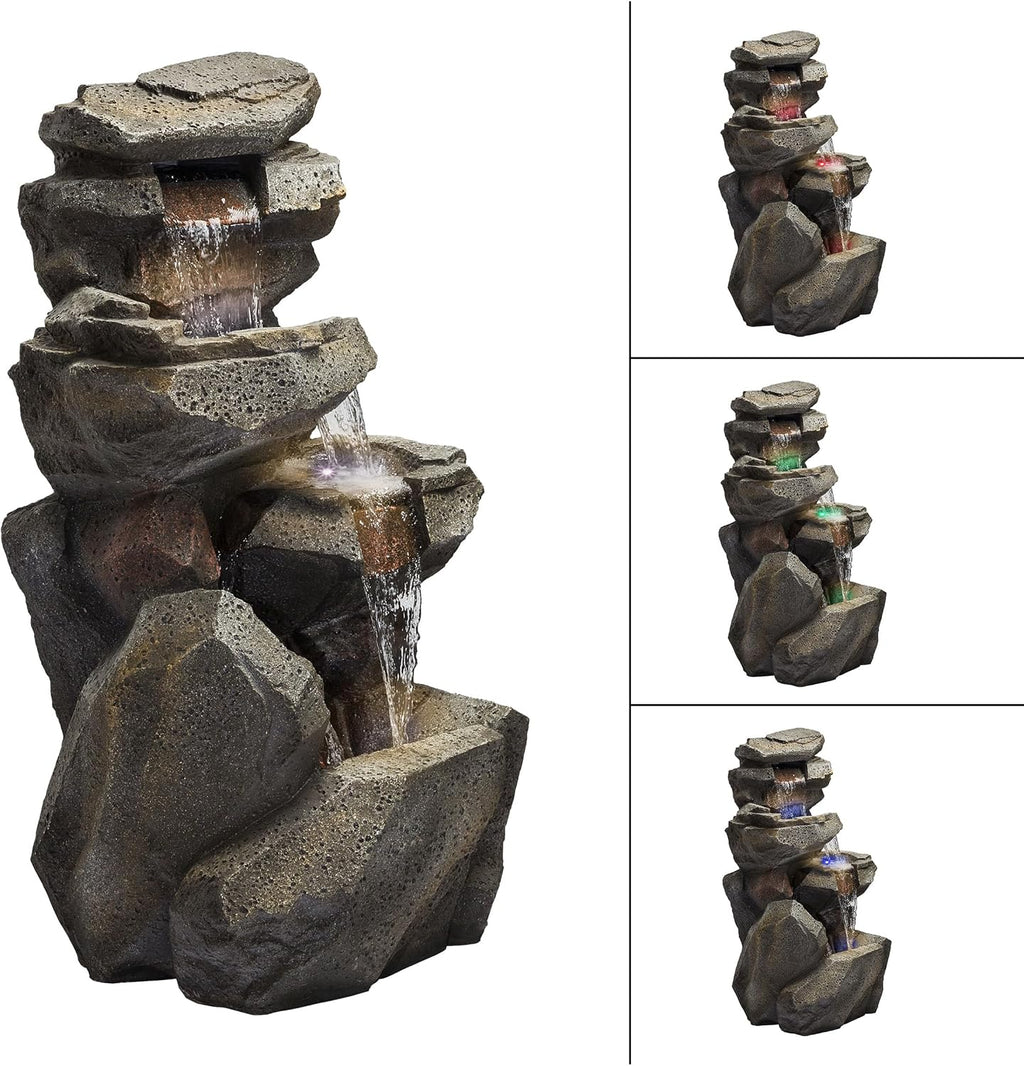 Alpine Corporation 40' Tall Outdoor Multitiered Rock Waterfall Floor Fountain with LED Lights, Natural Stone Look, Cascading Water Feature for Gardens, Patios, and Yards, Gray