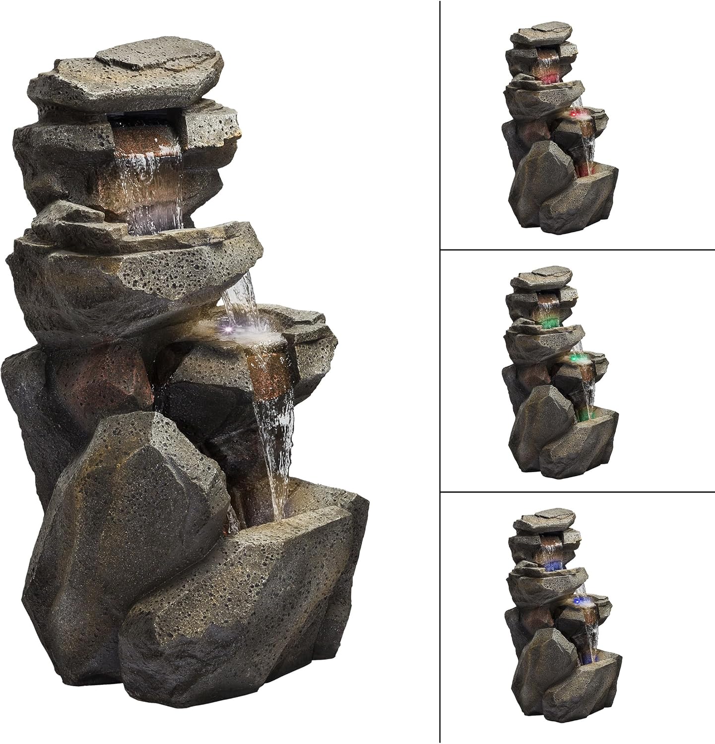 Alpine Corporation 40' Tall Outdoor Multitiered Rock Waterfall Floor Fountain with LED Lights, Natural Stone Look, Cascading Water Feature for Gardens, Patios, and Yards, Gray