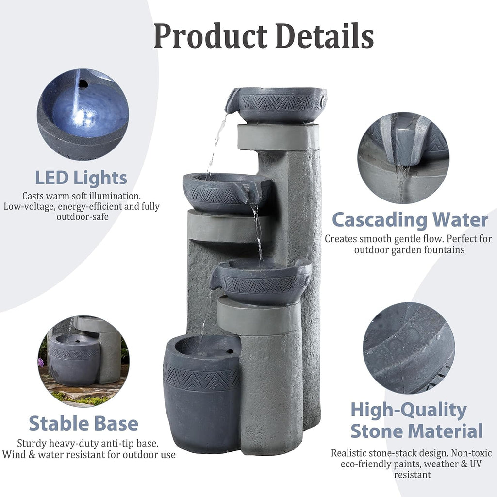 31.5' Tall Outdoor Water Fountain, 4 Tier Cascading Bowls and Stacked Water Fountain with LED Lights, for Yard Décor, Backyard, Patio and Deck (31.5'')