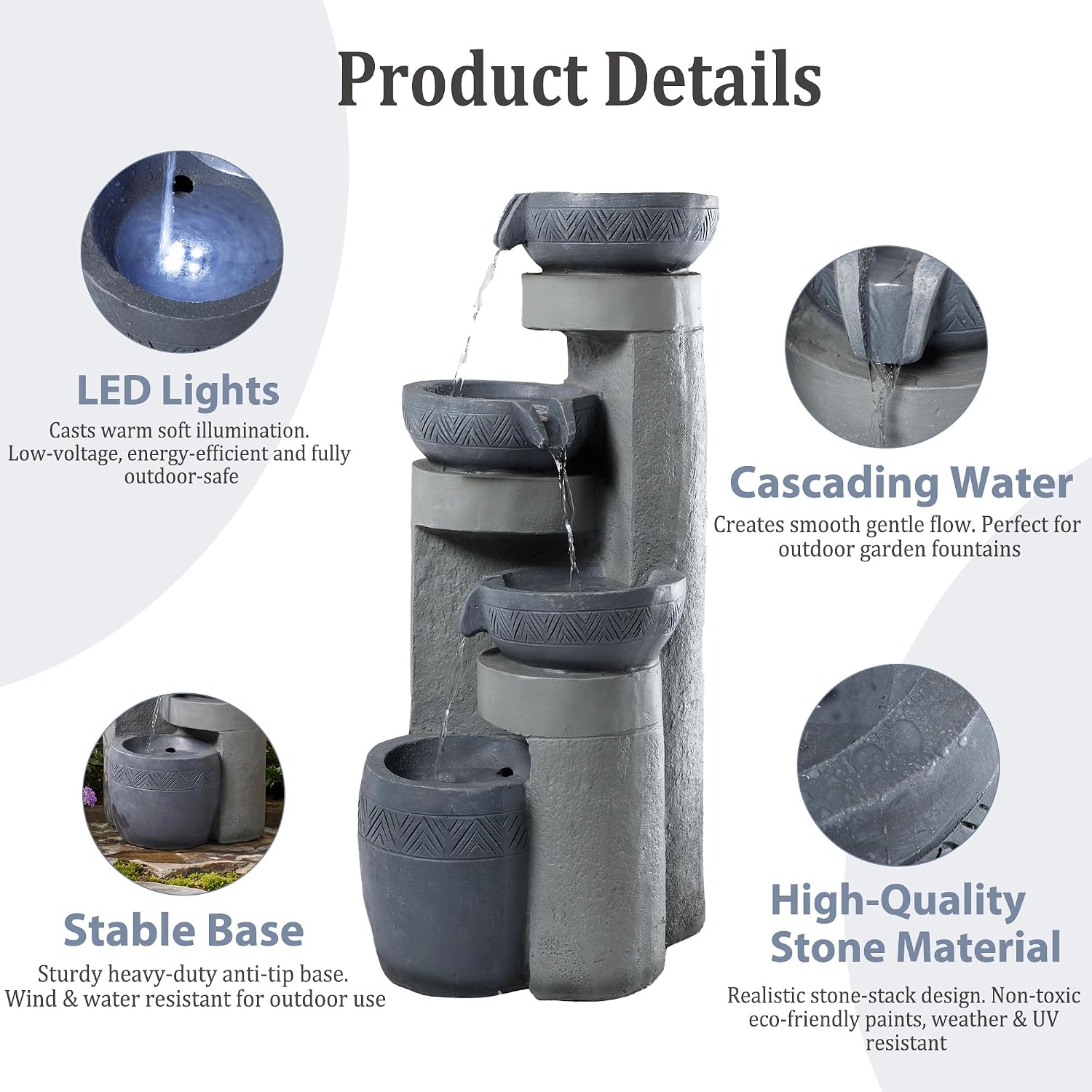 31.5' Tall Outdoor Water Fountain, 4 Tier Cascading Bowls and Stacked Water Fountain with LED Lights, for Yard Décor, Backyard, Patio and Deck (31.5'')