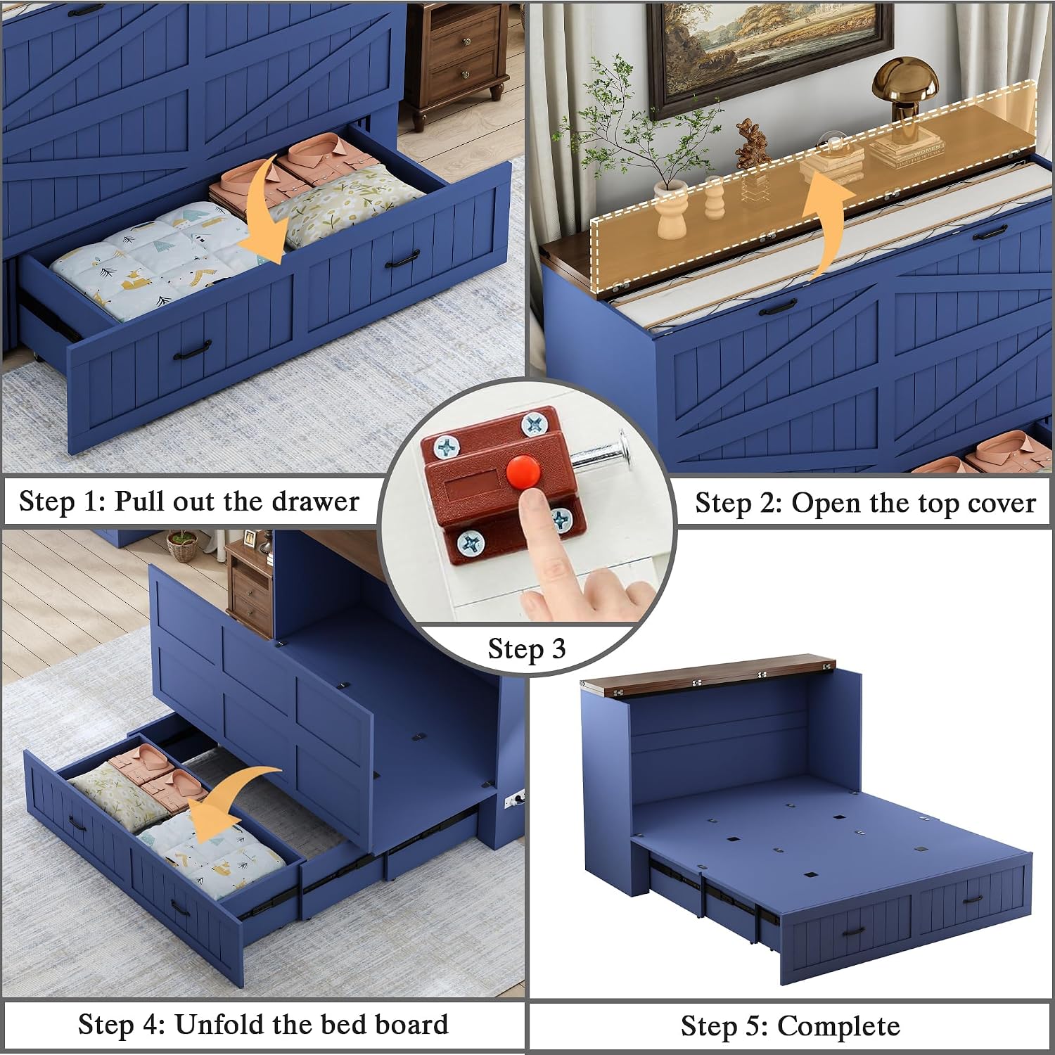 Queen Size Murphy Bed with Charging Station and Large Drawer, Farmhouse Cabinet Bed with Storage, Multifunctional Wood Hidden Folding Bed Frame for Bedroom, Blue
