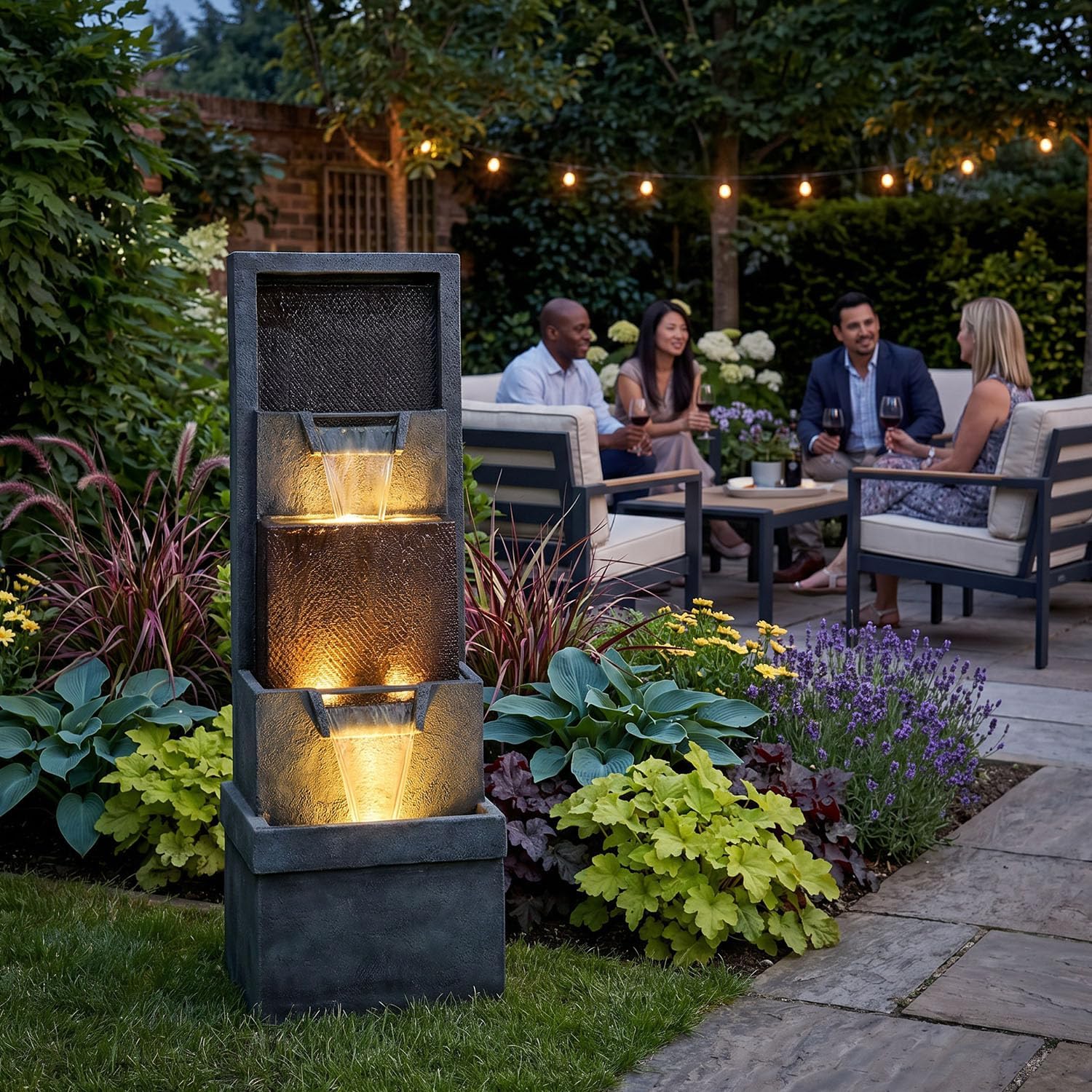 Hamiedun 39.3'H Outdoor Garden Waterfall Fountain-Indoor Water Fountain with LED Lights, for Gardens, Landscaping, Patios, Balconies, Office,and Lawns for a Calming Oasis in Outdoor Living Art Decor