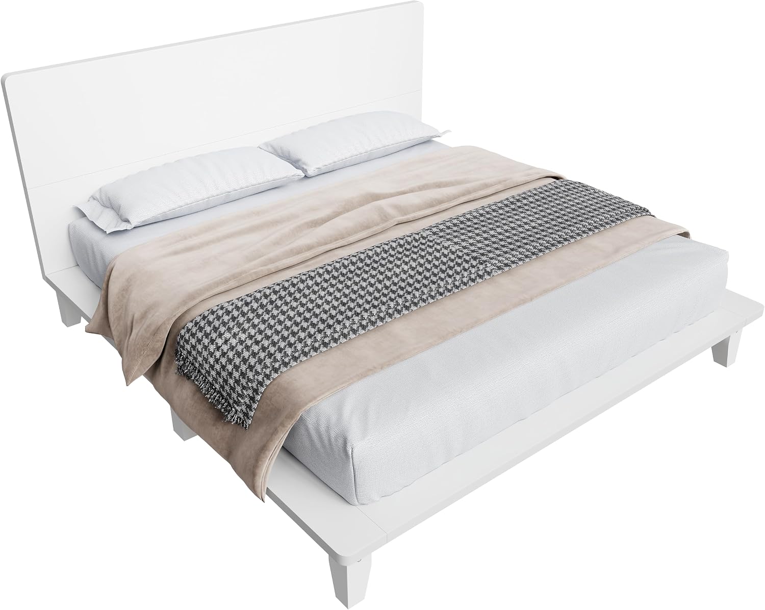 Merax King Size Solid Wood Platform Bed Frame, Modern Comfortable with Headboard, Slat Support, No Box Spring Needed, White