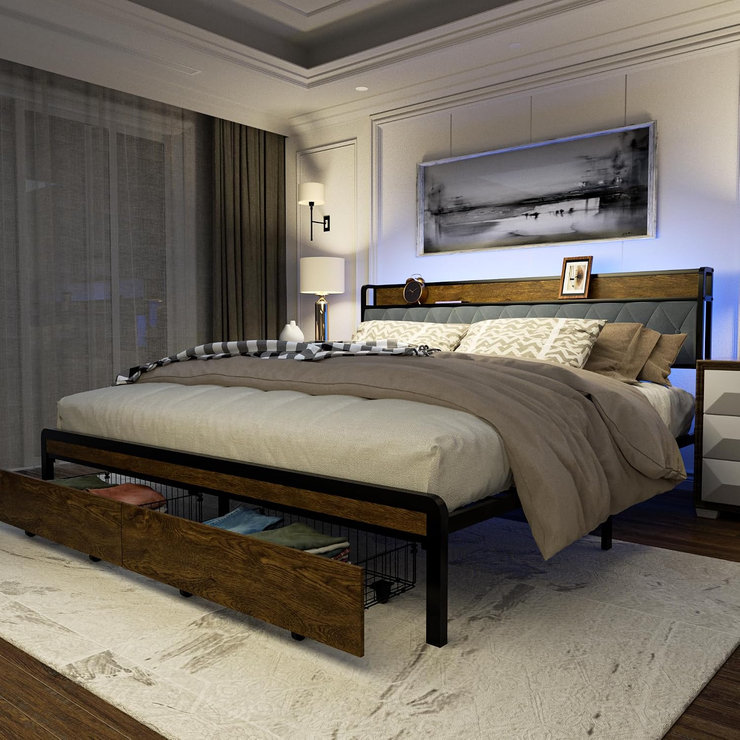Sismplly King Size Metal Platform Bed Frame with 2 Storage Drawers & LED Light, Upholstered Headboard with Charging Station, No Box Spring Needed, Brown Wood Panel