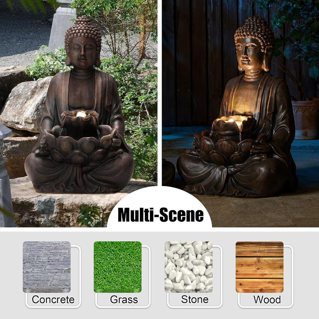 Glitzhome Buddha Fountain with Pump & LED Light, 2 Tier Zen Style Meditating Buddha Water Fountain Outdoor Fountains and Waterfalls Outdoor Buddha Statues for Garden Patio Backyard 28.25' H