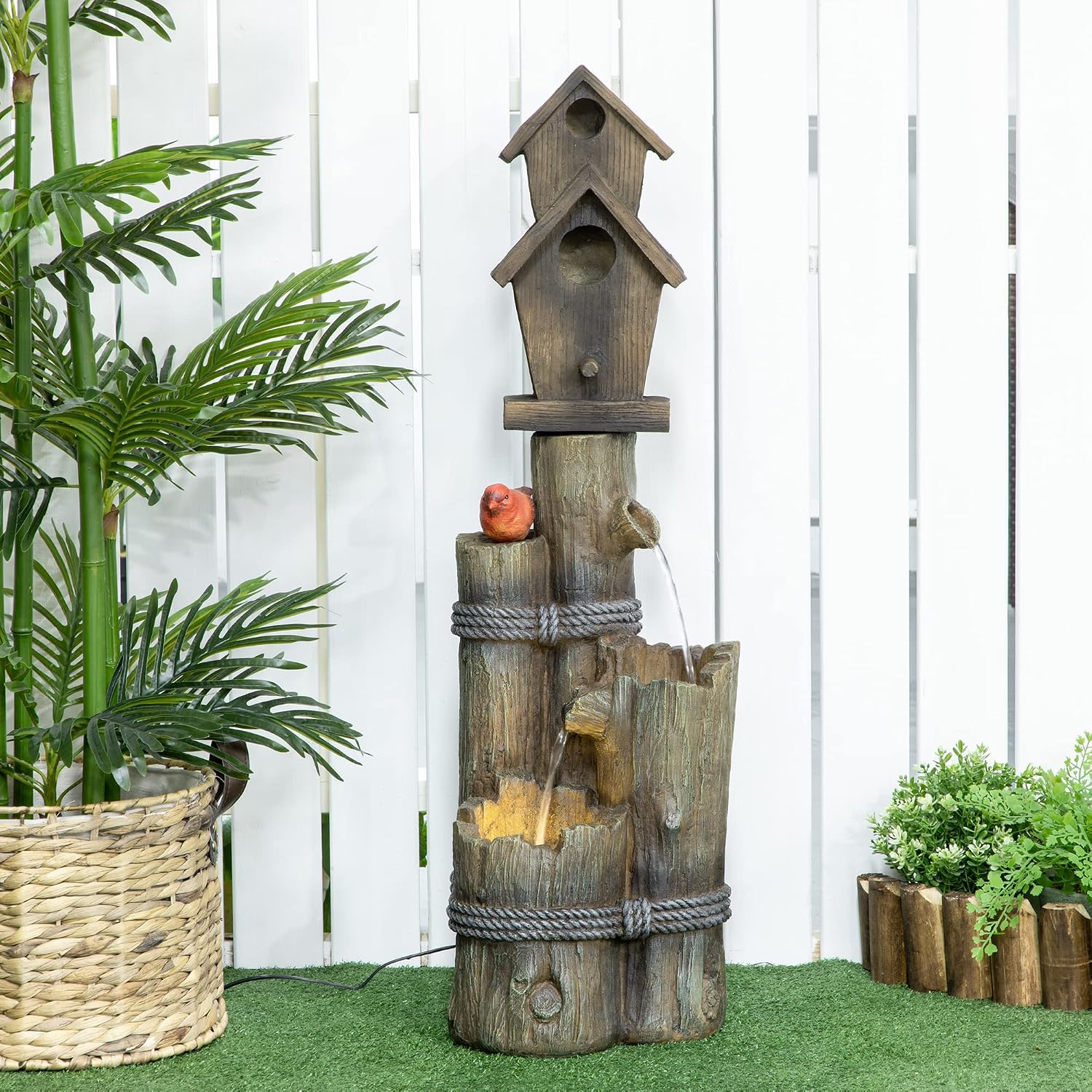 Outsunny Outdoor Fountain with Birdhouse, Cascading Garden Waterfall Bird Bath with 3-Tier Rustic Tree Trunk/Log Design, LED Lights for Porch, Deck, Yard Decor, Brown