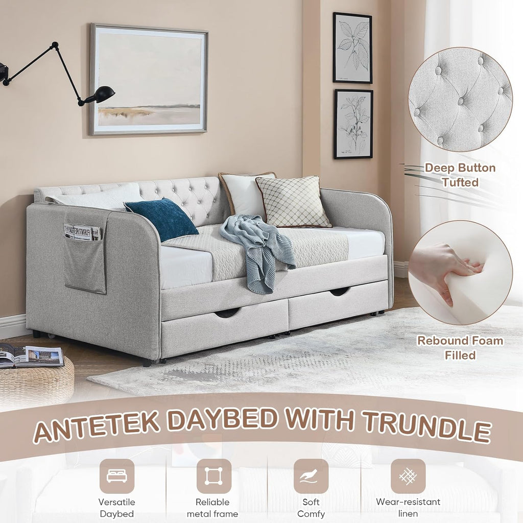 Antetek 80.5' Daybed with Drawer, Modern Button Tufted Linen Day Bed with Trundle Bed Twin to King, Upholstered Daybed Frame w/Storage Pocket for Bedroom, Living Room, No Box Spring Needed, Beige