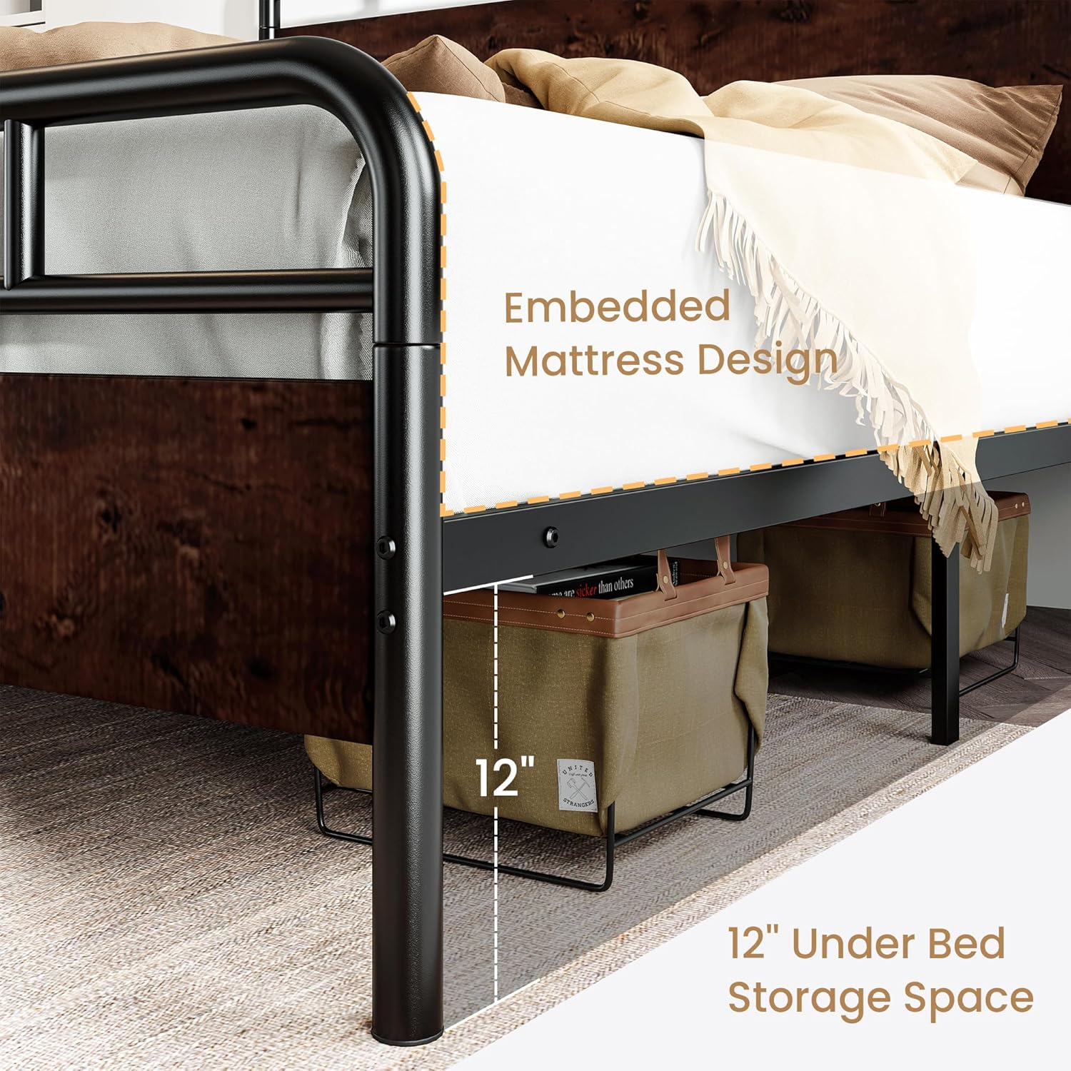 SHA CERLIN Queen Size Bed Frame with Wooden Headboard and Footboard, Rounded Corner Metal Structure, Heavy Duty Slats with Under-Bed Storage, No Box Spring Needed, Mahogany