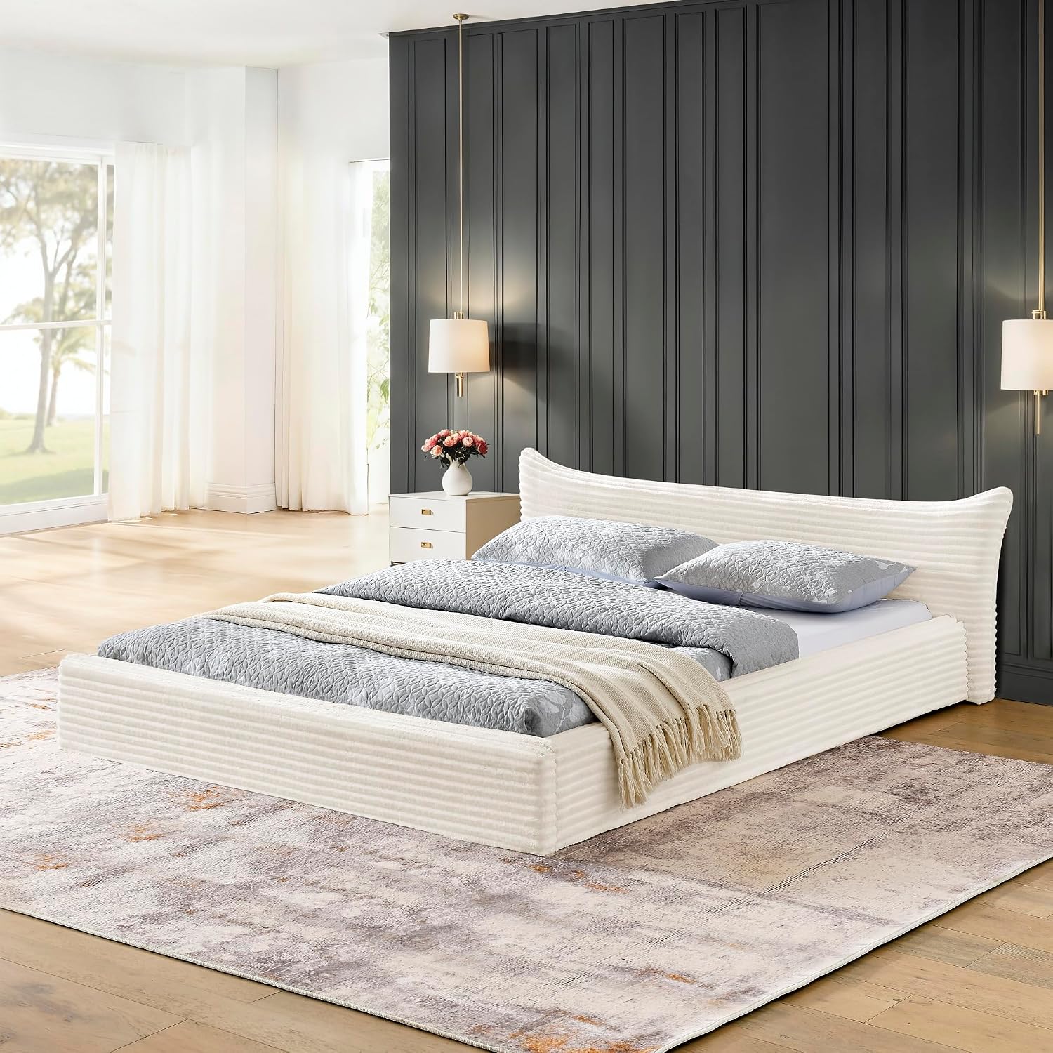 Ball & Cast Queen Size Low Bed Frame,Upholstered Grounded Platform Bed with Decorative Curved Headboard,Floor Bed with Wood Slat Support,No Box Spring Needed,Beige
