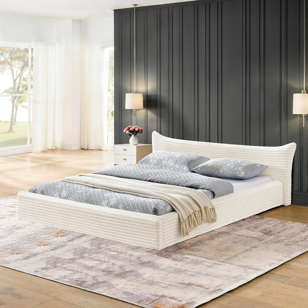 Queen Size Upholstered Bed with Decorative Curved Headboard, Solid Velvet Fabric Grounded Platform Bed Frame with Slats Support, No Box Spring Required (Beige-JU1)
