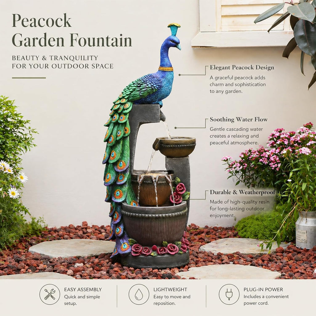 Tankana Outdoor Water Fountain 41' H Cascading Peacock Waterfall Fountain with LED Lights & Pump Tiered Water Feature for Garden, Patio, Backyard, Deck, and Porch Decor
