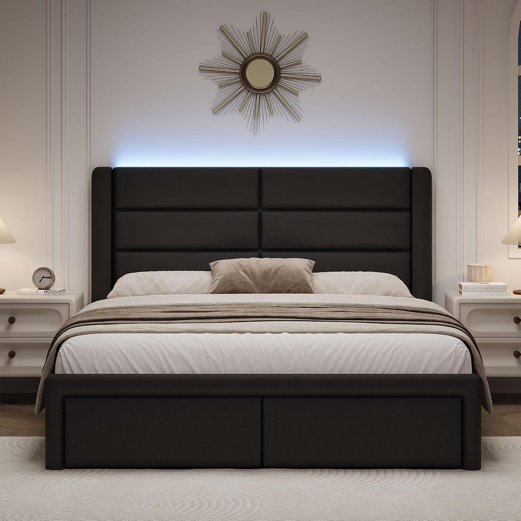 Full Size Upholstered Bed Frame with LED Lights Headboard, Modern Faux Leather Bed Frame with Wooden Slats Support and Heavy Duty Mattress Foundation, No Box Spring Needed, Easy Assembly, Black