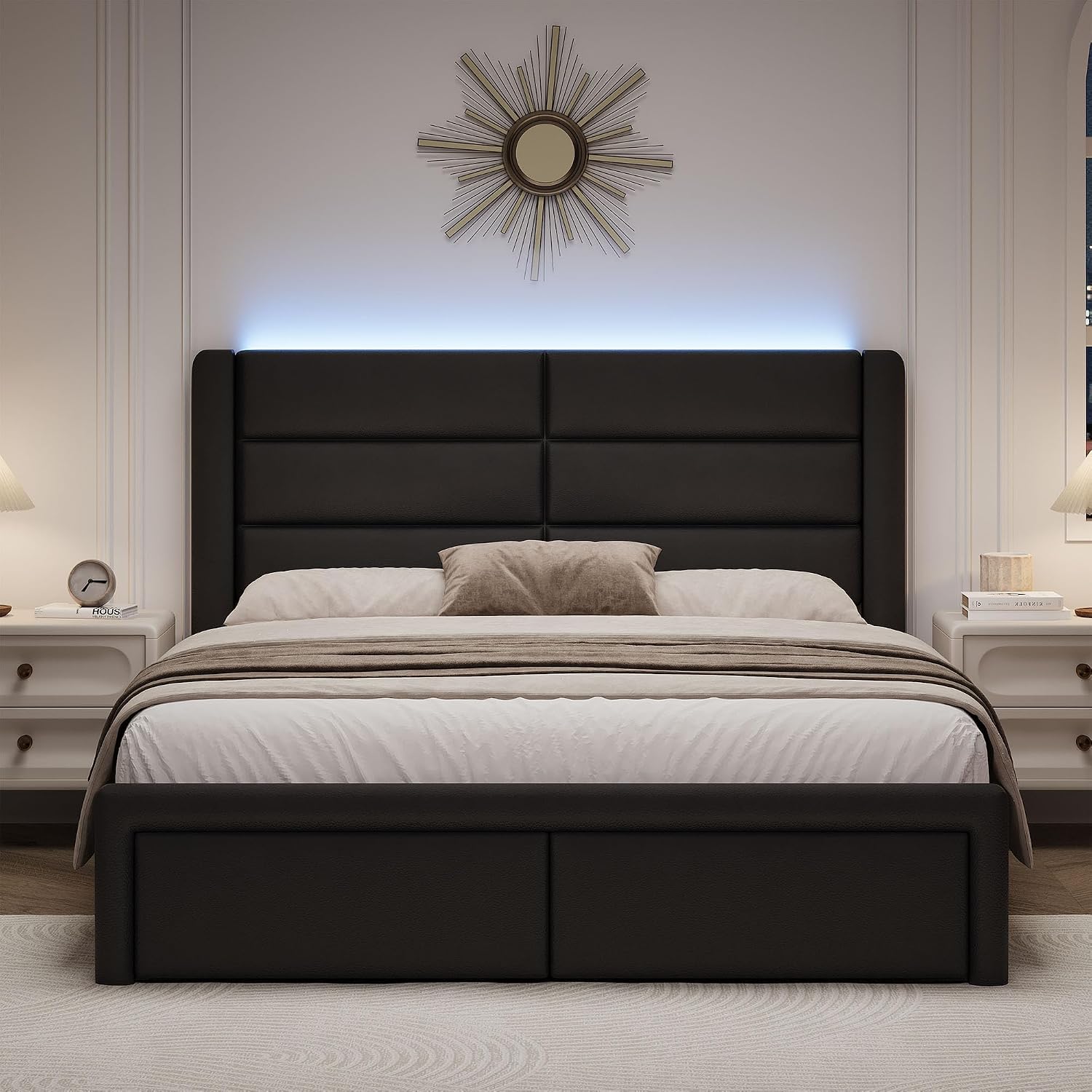 Full Size Upholstered Bed Frame with LED Lights Headboard, Modern Faux Leather Bed Frame with Wooden Slats Support and Heavy Duty Mattress Foundation, No Box Spring Needed, Easy Assembly, Black
