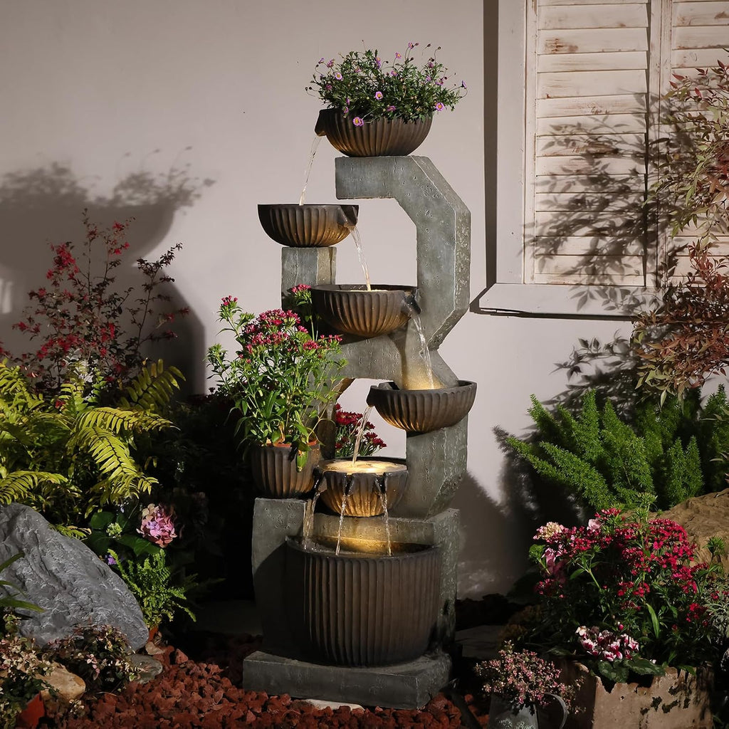 Bumilgar 57'' H Tall Large Outdoor Water Fountain with Planter, 6-Tier Cascading Bowl Water Fountain with LED Lights, Resin Garden Water Feature for Patio, Backyard, Deck, Porch and Yard Décor