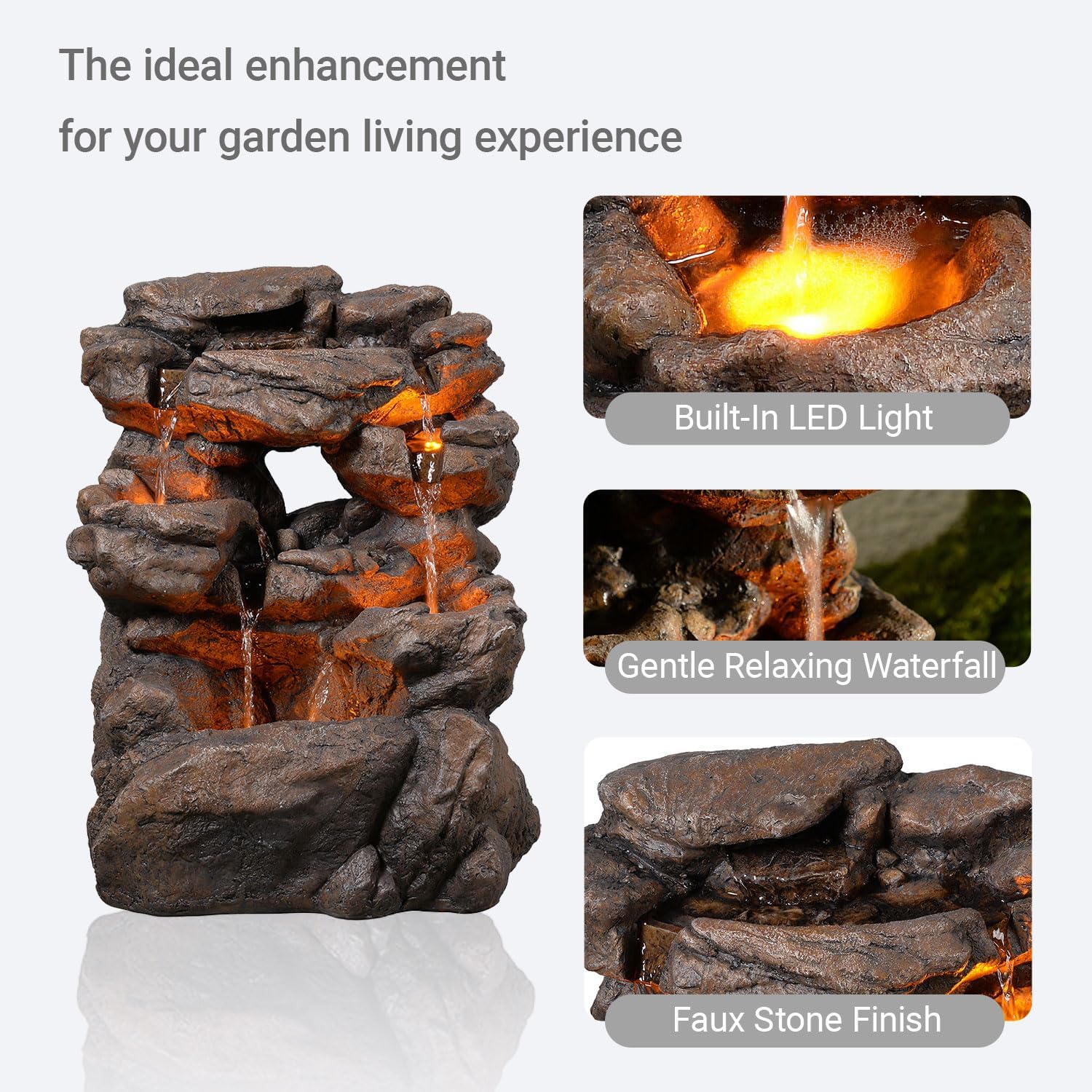 Outdoor Waterfall Fountain 20.5' Tiered with LED Lights, Natural Rock Design, Weatherproof Resin – Waterfall Fountain for Garden, Patio, Yard 24393